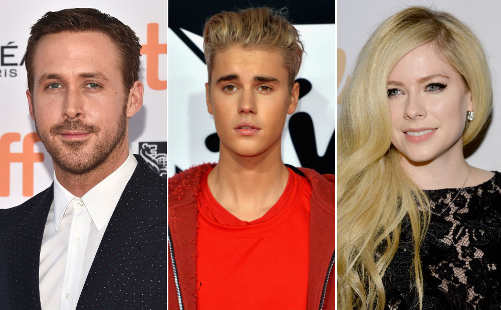 ryan-gosling-justin-bieber-avril-lavigne Alberto E. Rodriguez, Anthony Harvey e Kevork Djansezian/Getty Images