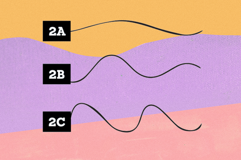 tipo-de-cacho-cabelo-ondulado Os três tipos de curvatura de cabelo ondulado (2A, 2B, 2C) em fundo amarelo, lilás e rosa