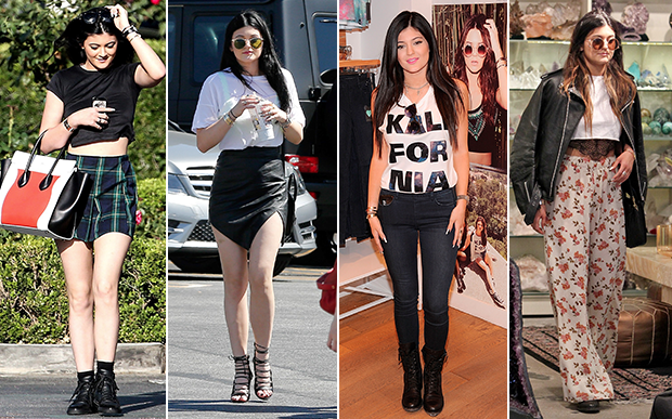 2013- no street style: Já nos looks do dia a dia, Kylie foi do college, com minissaia xadrez, ao boho, com a pantalona floral. Outro item desejo deste ano era a minissaia assimétrica - todas as famosas usavam a peça.