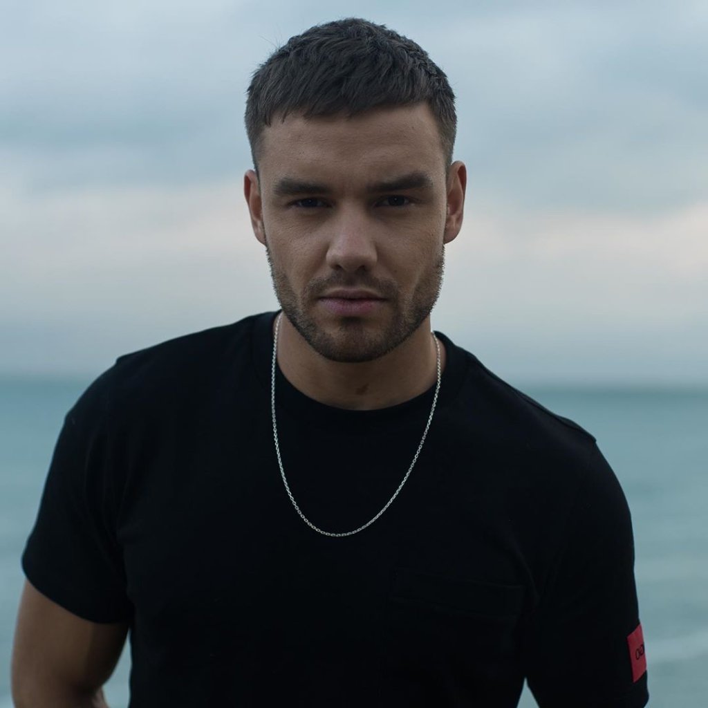 Liam Payne com uma camisa preta. No fundo o mar e o céu azul; ele está com uma expressão séria