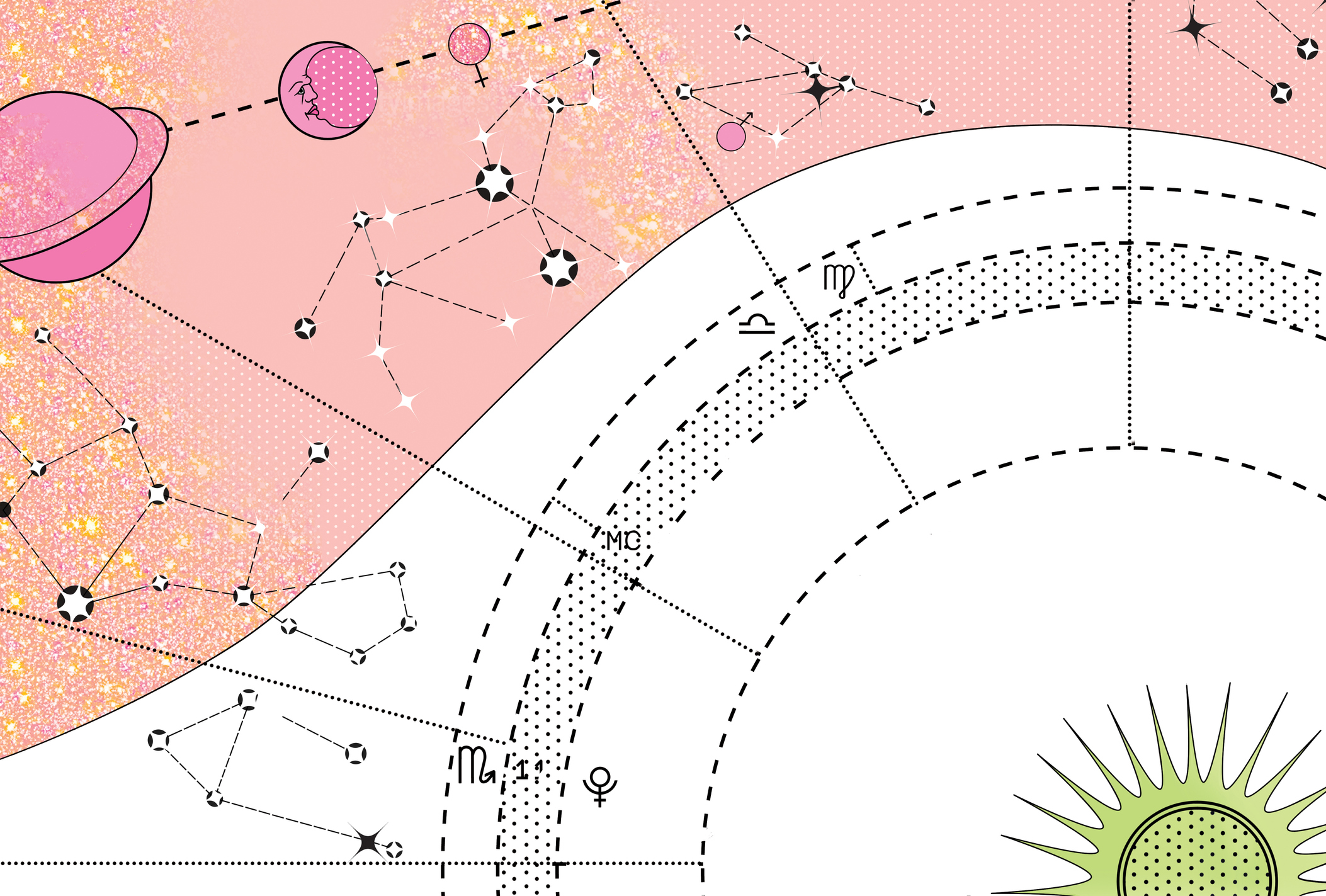 ilustração com elementos que remetem à astrologia