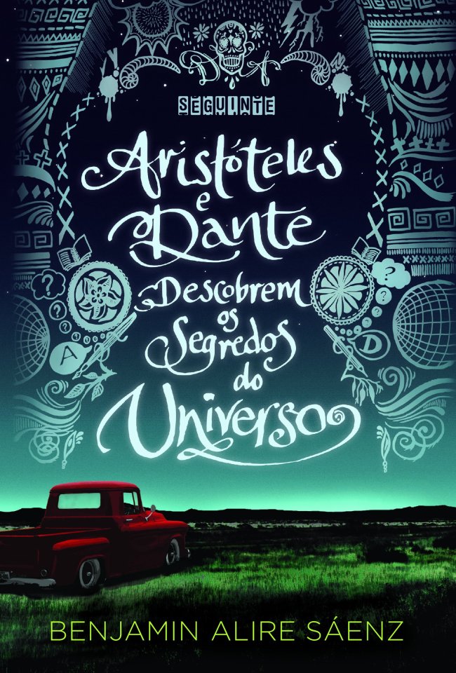 Capa de Aristóteles e Dante descobrem os segredos do universo em tons de azul com um carro vermelho no canto inferior