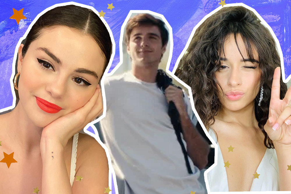 Montagem com fotos de Selena Gomez, Jacob Elordi e Camila Cabello em um fundo de textura roxa com branco e estrelas amarelas como decoração