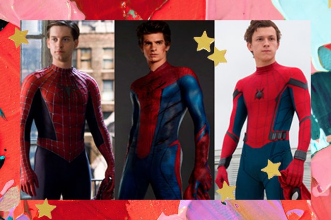 Montagem de fotos. Três homens com a roupa de Homem Aranha em diferentes cenários.