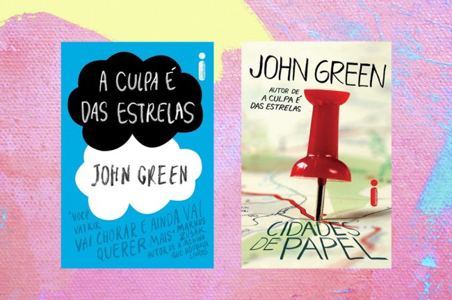 Capas dos livros A Culpa é das Estrelas e Cidade de Papel em um fundo de textura nas cores rosa, azul e amarelo