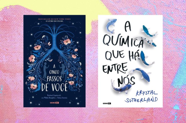 Capas dos livros A Cinco Passos de Você e A Química que Há Entre Nós em um fundo de textura nas cores rosa, amarelo e azul