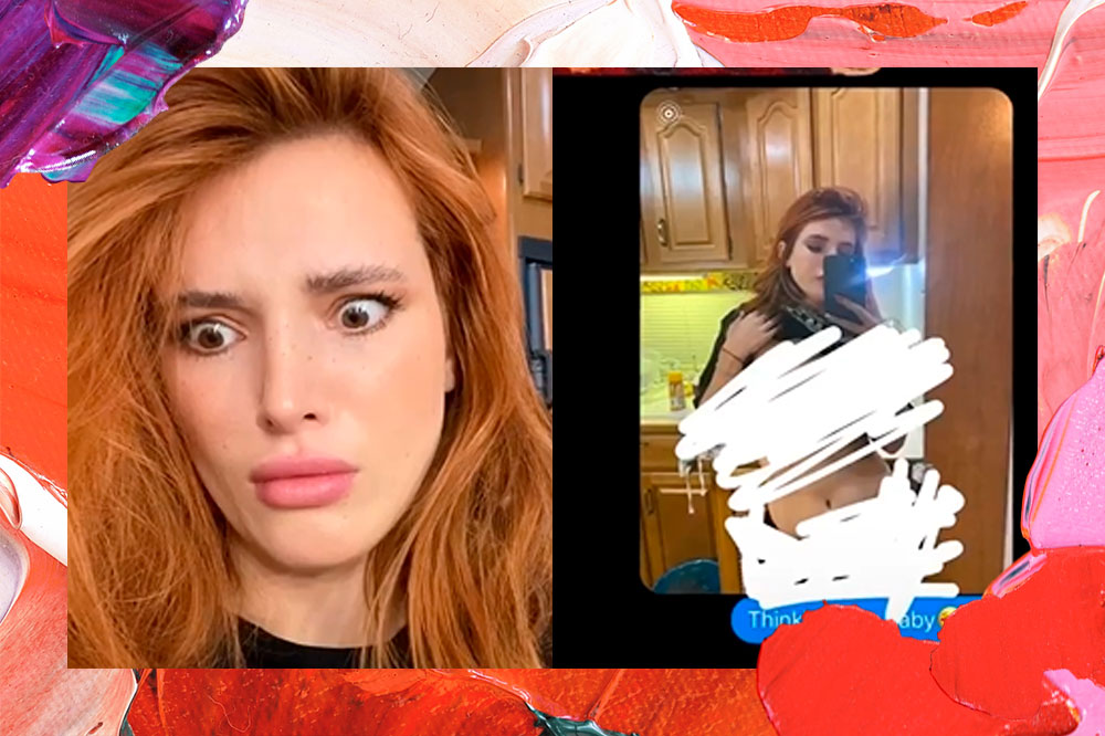 Bella Thorne chocada à esquerda após enviar acidentalmente foto pelada para a mãe. À direita, vemos a troca de mensagem entre a atriz e sua mãe.