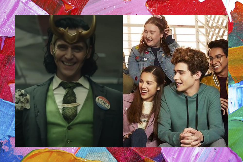 De um lado, uma imagem do vilão Loki sorrindo. De outro, quatro integrantes de High School Musical: A Série olham para o lado sorrindo