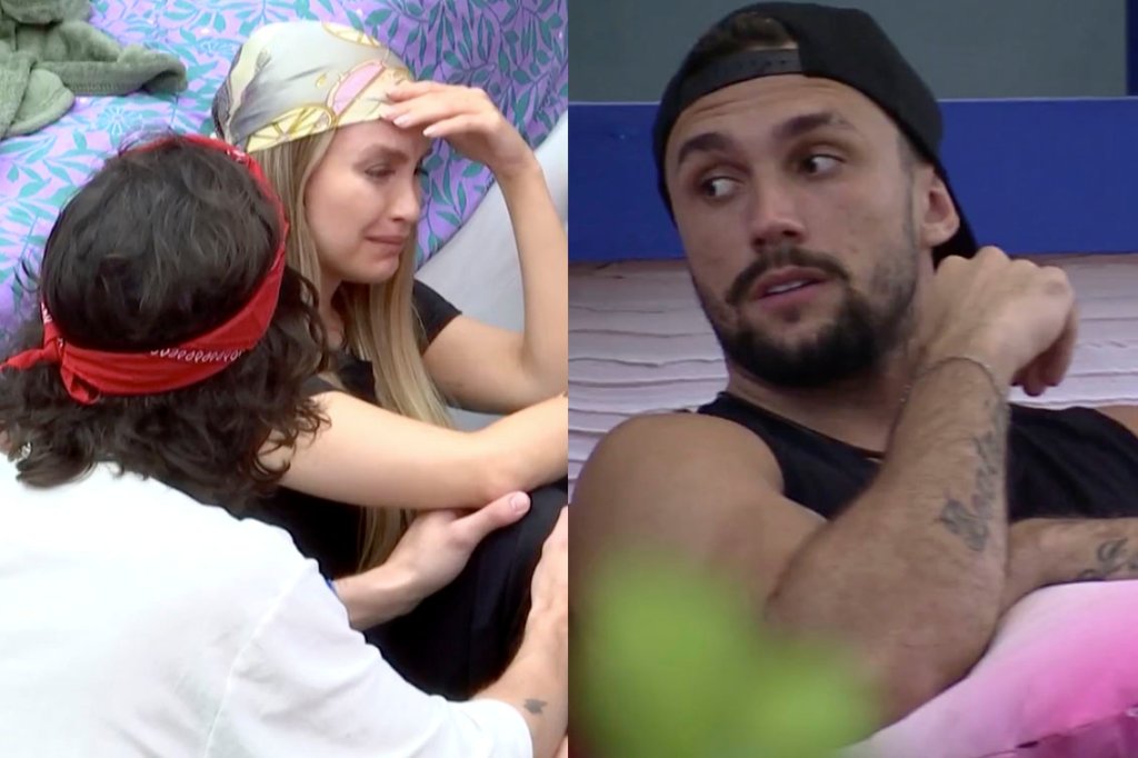 Montagem mostra Carla Diaz chorando com a mão na cabeça, Fiuk consolando a atriz, e Arthur no BBB21