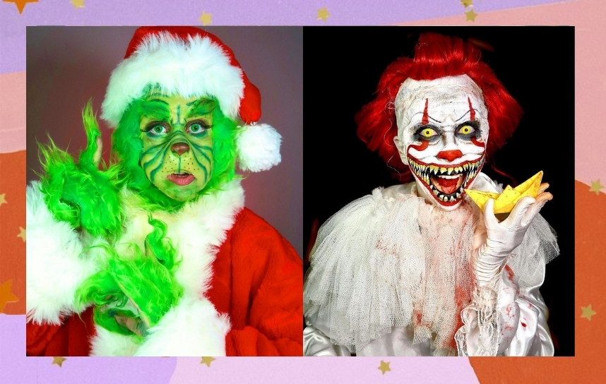 Elis Valeriano maquiada como Grinch e como o palhaço de It: A Coisa