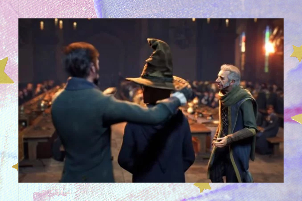 personagens de Harry Potter de costas. Um deles usa um chapéu de bruxo na cabeça