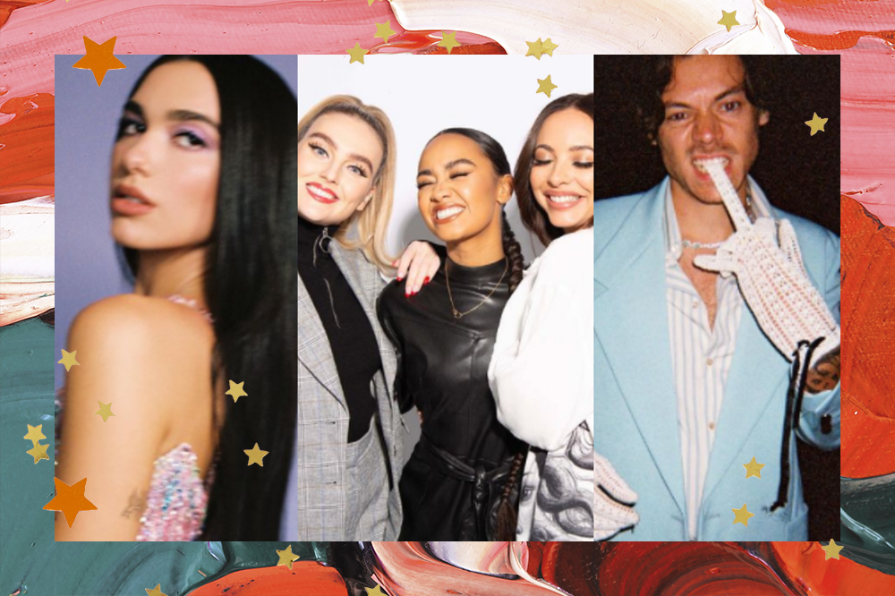 montagem com imagens de Dua Lipa, Little Mix, Harry Styles