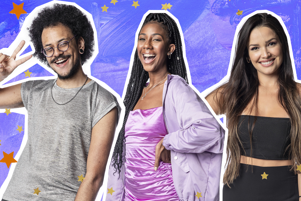 Colagem com João Luiz, Camilla de Lucas e Juliette sorridentes do BBB21
