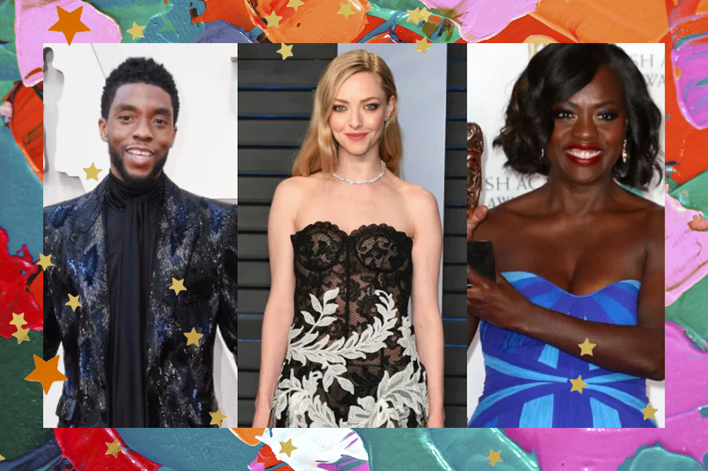 montagem que mostra Chadwick Boseman, Amanda Seyfried, Viola Davis