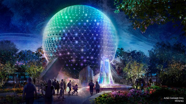 A famosa bola gigante do Epcot com luzes coloridas em homenagem aos 50 anos do Walt Disney World