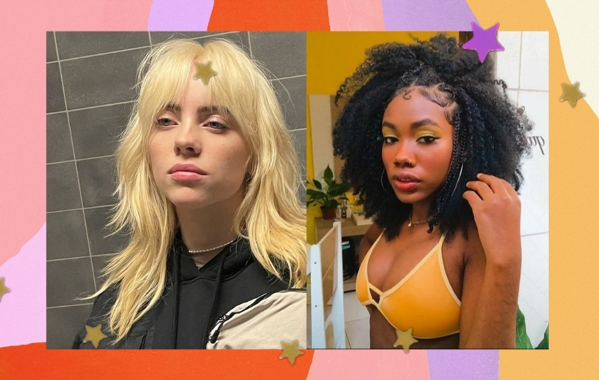 Montagem com a cantora Billie Eilish ao lado esquerdo exibindo seu cabelo loiro com o corte shaggy hair, usando blusa preta. A direita influenciadora digital com biquini amarelo, com cabelo cacheado posando para foto.