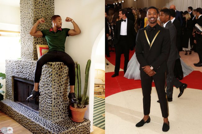 calca_jorcrushes vestindo calça curte que vão te fazer ver a peça com outros olhosdan Michael B. Jordan usando calça cigarrete; à esquerda, ele está sentado sobre uma lareira, com os braços fazendo muque. À direita, ele posa todo de preto no tapete vermelho do MET Gala de 2016