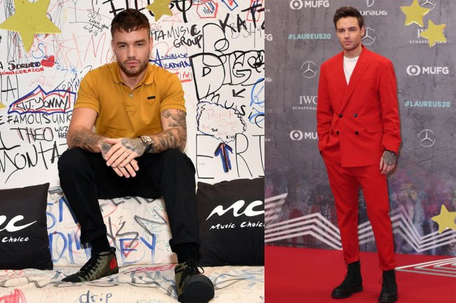 crushes vestindo calça curte que vão te fazer ver a peça com outros olhos Liam Payne em fotos usando calça cigarrete; na primeira, ela é preta e ele está sentado em um bloco de cimento todo grafitado. Na segunda, ela é vermelha e ele está em um tapete vermelho