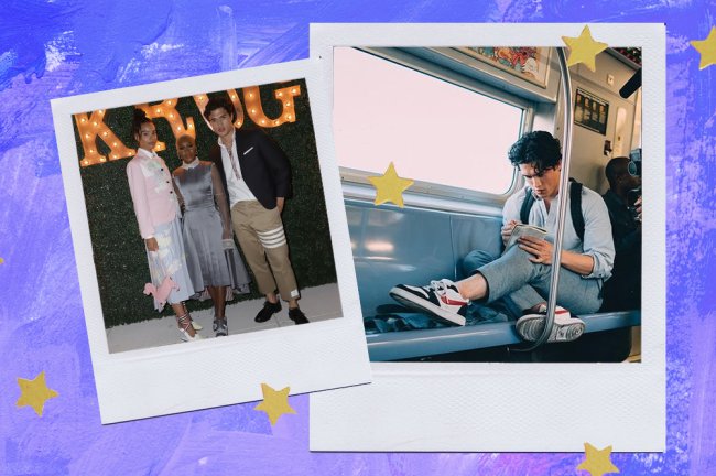 crushes vestindo calça curte que vão te fazer ver a peça com outros olhos Charles Melton usando calça cigarrete; à esquerdam ele posa em um evento com um modelo bege. à direita, ele está em um vagão do metrô, sentado