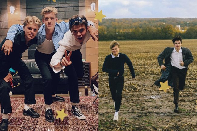 crushes vestindo calça curte que vão te fazer ver a peça com outros olhos George, Reece e Blake, da banda britânica New Hope Club, posam usando calça do modelo cigarrete; à esquerda, em um estúdio, e à direita, em um parque
