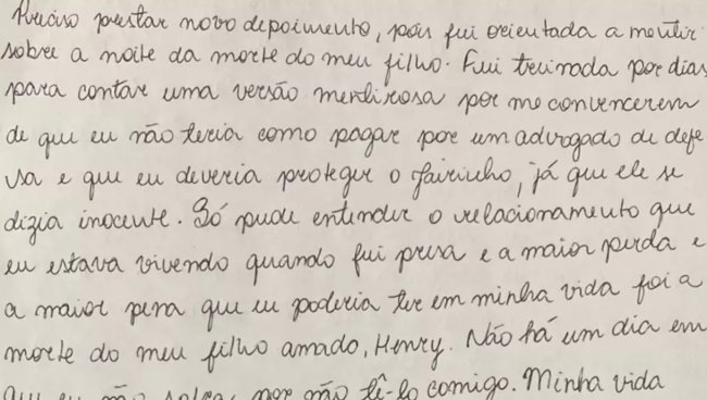 Trecho de carta escrita por Monique Medeiros, mãe de Henry Borel