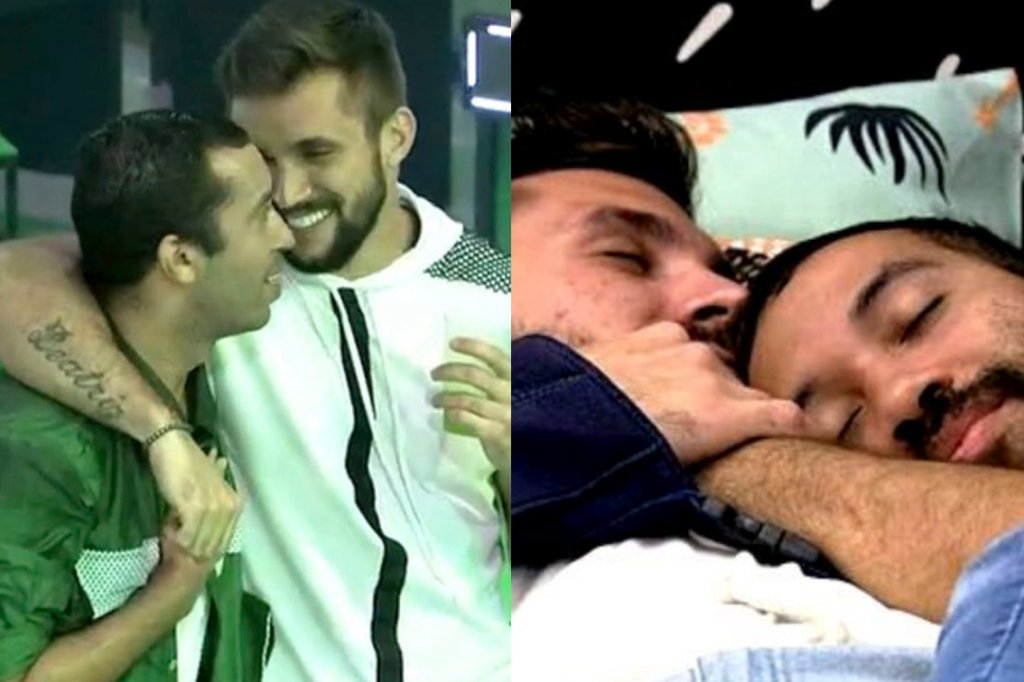 De um lado, Arthur e Gil em pé, abraçados e sorrindo. De outro, os dois deitados dormindo, de mãos dadas