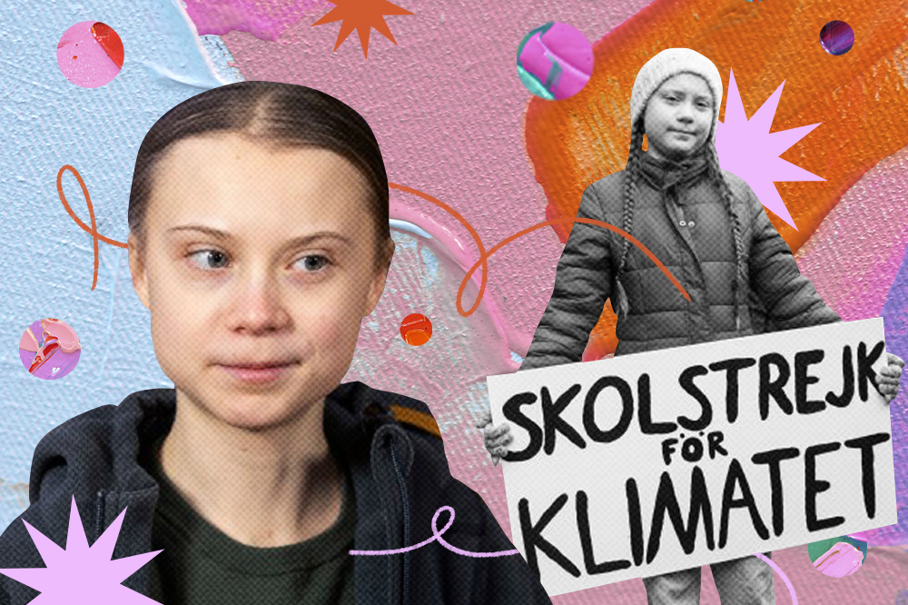 Colagem com duas imagens de Greta Thunberg. Na primeira, aparece apenas o rosto da jovem e, na segunda, Greta segurando um cartaz com a frase "greve escolar pelo clima", em sueco