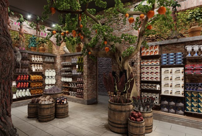 Imagem da nova loja temática de Harry Potter, em New York, com árvores e estantes com produtos ao fundo