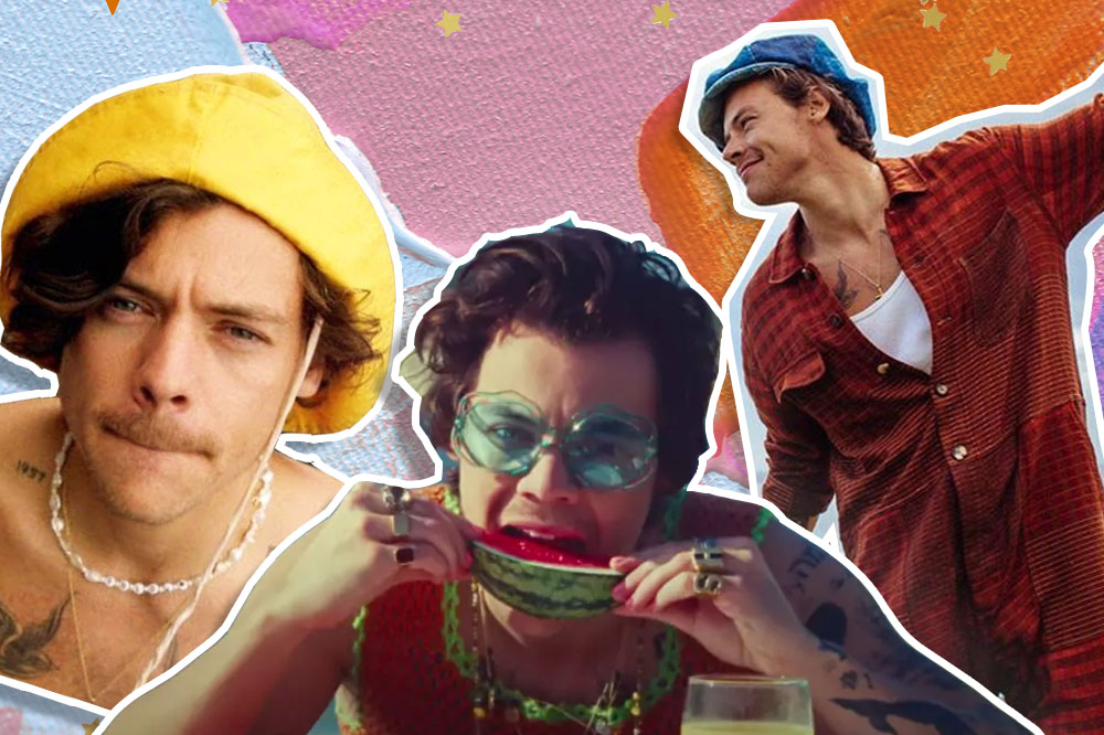 Colagem com umagens do Harry styles com chapéu amarelo e sem camisa, com ele comendo uma melancia e usando um óculos de sol azul e ele de lado com um braço levantado.