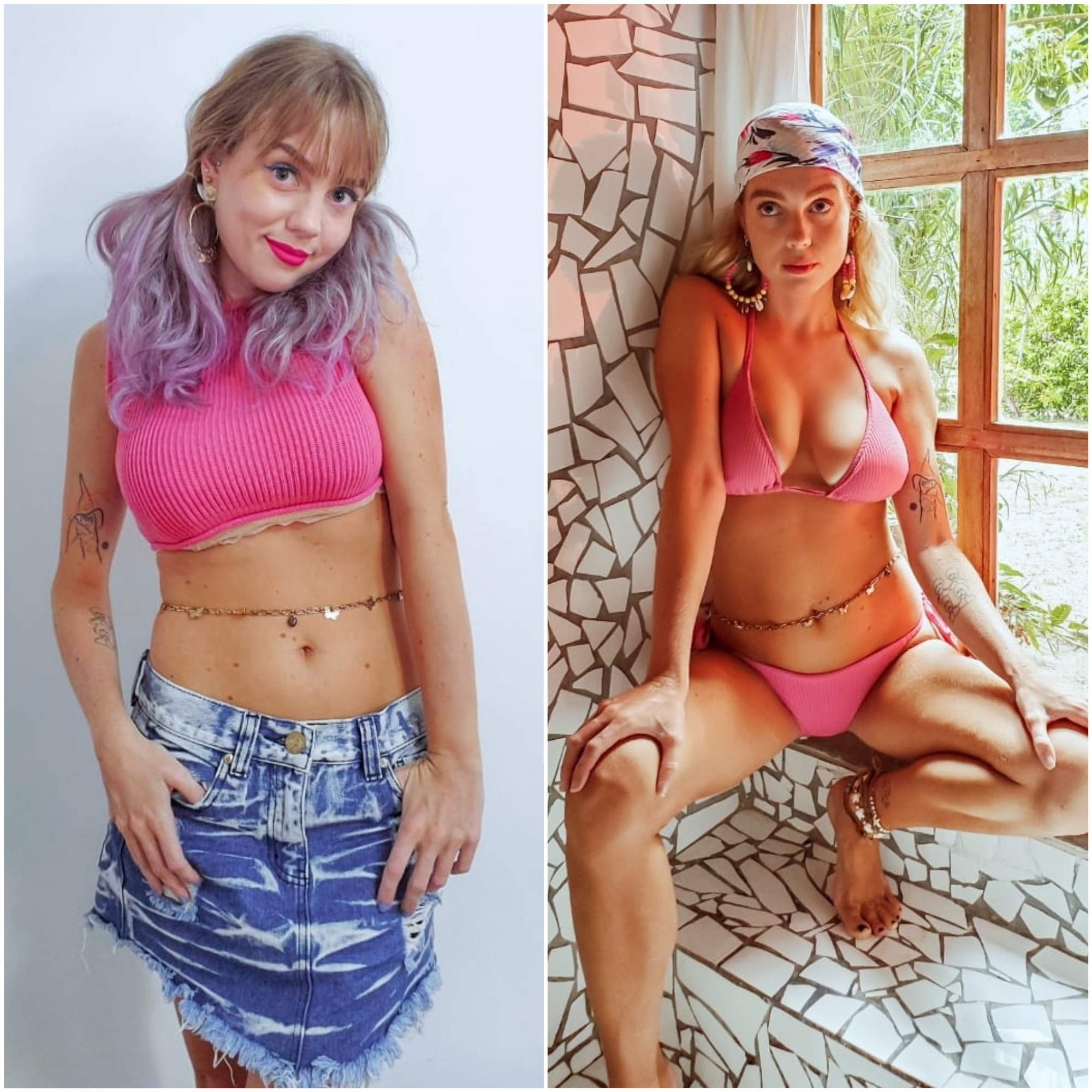 Montagem com duas fotos da Isa Otto, editora de comportamento da CH, usando cinto fino de corrente na barriga. À esquerda, ela está com um top cropped rosa neon e uma saia jeans, penteado maria-chiquinha e as duas mãos nos bolsos da saia. À direita, ela está usando biquíni rosa cortininha com um lenço na cabeça, agachada com as mãos nas duas pernas e expressão facial séria.