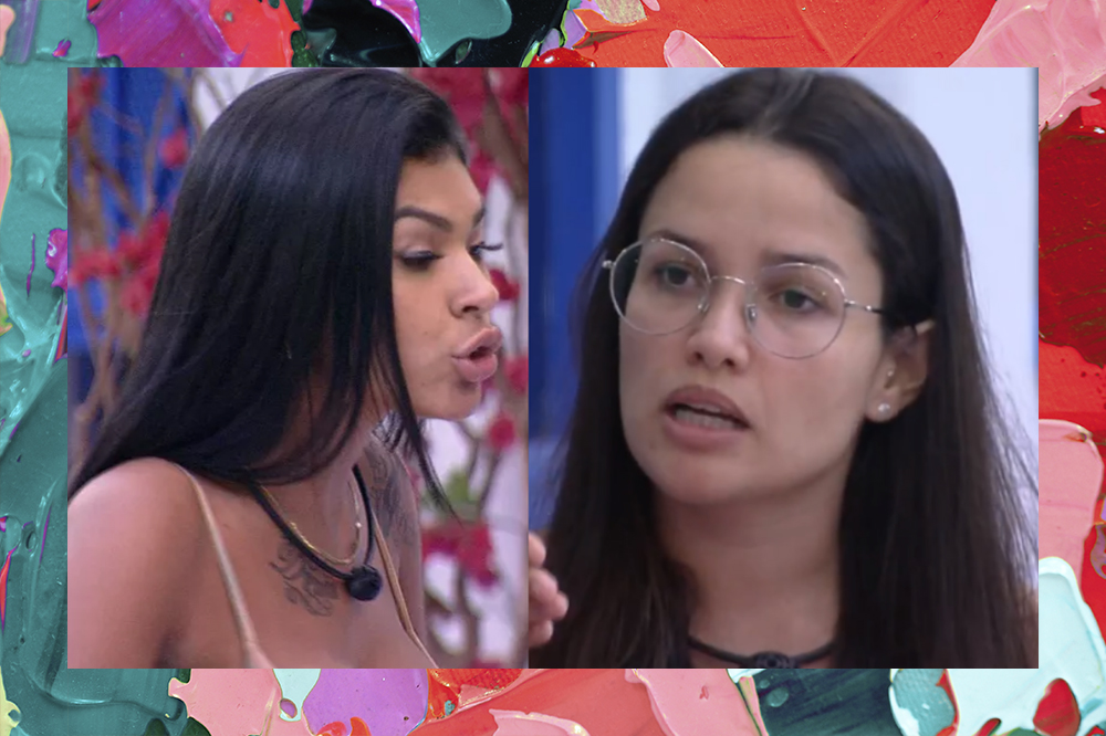 Montagem de duas imagens de Pocah e Juliette no BBB21; Na primeira Pocah está olhando para Juliette enquanto discute; na segunda Juliette está de óculos olhando para Pocah enquanto fala