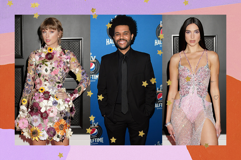 Montagem com imagen de Taylor Swift no tapete vermelho da premiação do gRAMMY 2021 com a mão esquerda na cintura. No meio The Weeknd posando com um terno todo preto e ao lado direito Dua Lipa no tapete vermelho do Grammy 2021