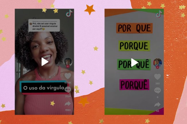 A colagem mostra dois prints do TikTok, em um deles aparece professora de português Simone Porfiria, vestindo uma blusa rosa e está escrito 