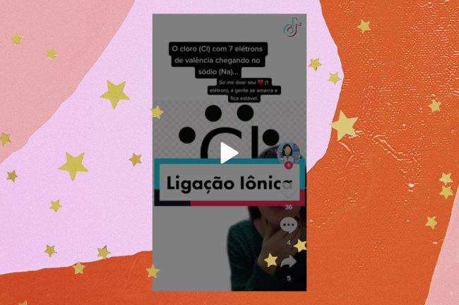 Na imagem, uma professora aparece usando óculos espelhados e, no fundo, está a fórmula de uma ligação iônica