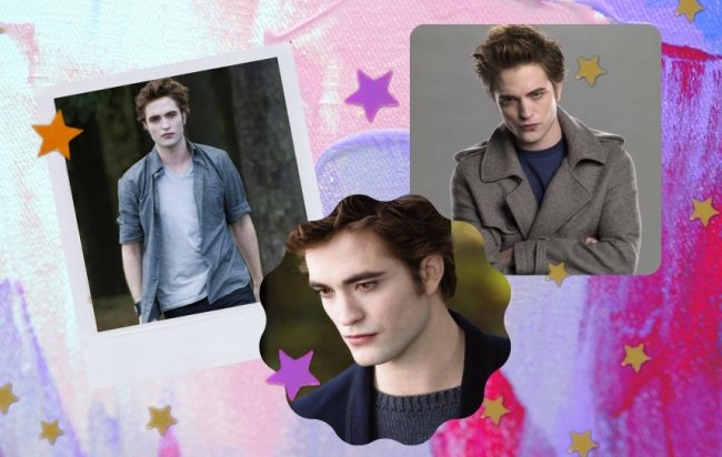 Montagem com 3 fotos do personagem Edward Cullen, do filme Crepúsculo. Na primeira ele usa blusa cinza aberta, com camiseta branca; na segunda ele está pensativo olhando para baixo usando blusa cinza e blazer azul marinho; na terceira ele usa sobretudo cinza com camiseta azul marinho e sua expressão é séria.