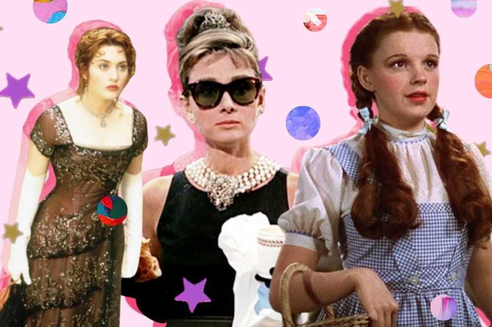 Montagem com 3 personagens do cinema, Rose do filme Titanic, a protagonista de Bonequinha de luxo, e por último Dorothy do filme Mágico de Oz.