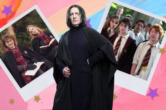 Montagem com 2 fotos do filme Harry Potter e uma foto do Severo Snape em destaque. Na primeira foto temos Harry e Hermione sentados com livro nas mãos e sorridentes, na segunda Harry, Hermione e Rony com outros alunos de Hogwarts com expressão de surpresa.