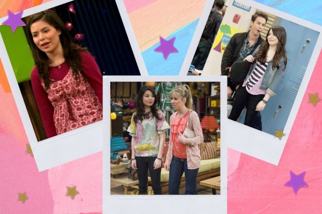 Montagem com 3 fotos do seriado iCarly, na primeira Carly com uma blusa de manga longa vermelha e com expressão surpresa, na outra Carly e Sam juntas, e na última Carly e Spencer sorridentes.