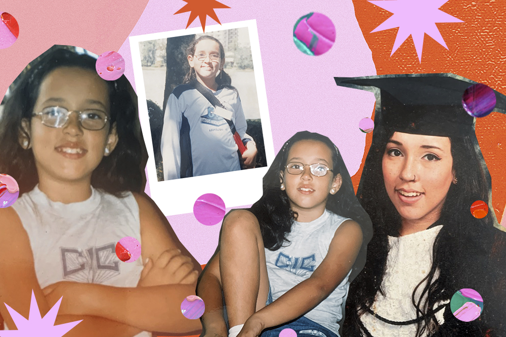 bruna-vieira-uniforme-escolar Montagem com quatro fotos da Bruna Vieira usando uniforme escolar. Nas três primeiras fotos, ela ainda é criança e está com camiseta branca do uniforme e óculos de grau. Na foto da direita, está se formando no terceiro ano, usando beca e sorrindo.