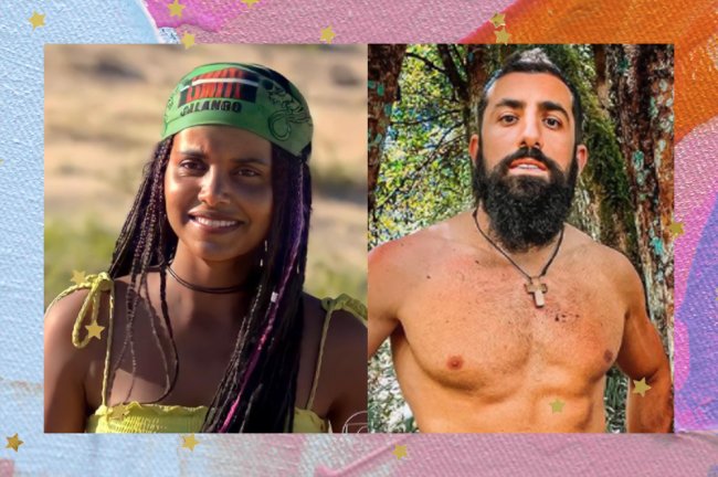 Montagem com duas fotos; na primeira Gleici em No Limite com bandana verde da tribo calango; na segunda Kaysar sem camisa posando no meio de uma floresta