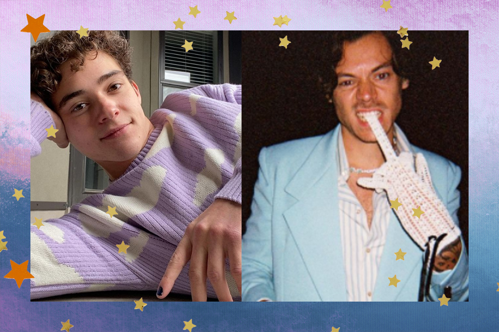 Montagem com duas fotos; na primeira Joshua Bassett está posando para foto com a cabeça apoiada em uma das mãos, ele usa um suéter roxo claro com nuvens brancas e sorri levemente; na segunda foto, Harry Styles está usando terno azul bebê com camisa branca por baixo, ele usa uma luva branca e morde o dedo do meio dela