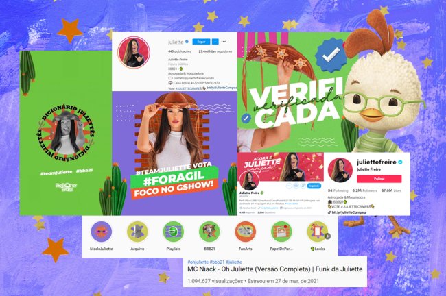 Montagem mostrando a relevância das redes sociais da Juliette, do BBB21. Prints de número de seguidores, aparência das postagens e publicações online