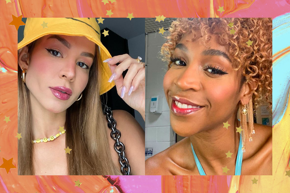 Montagem com duas fotos; a primeira é uma selfie de Kerline com chapéu amarelo e uma das mãos segurando a aba dele; a segunda é uma selfie de Karol Conká sorrindo para câmera e usando uma roupa azul; a moldura da imagem é uma textura de tintas em tons de rosa, laranja, amarelo e azul com estrelas amarelas e laranjas de decoração