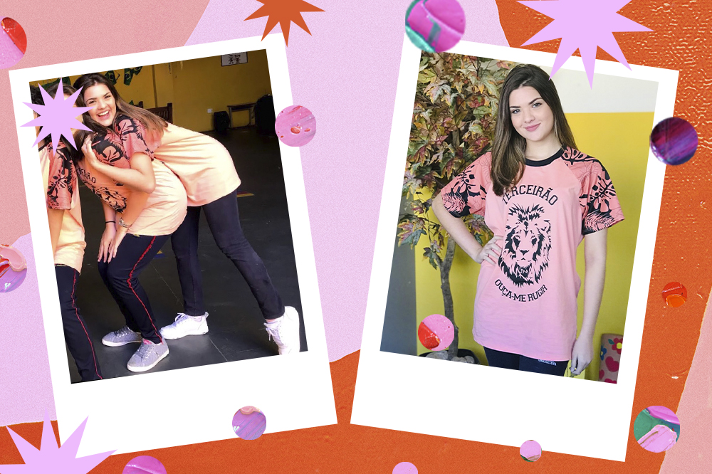 livia-inhudes-uniforme-escolar Montagem com duas fotos da atriz Lívia Inhudes. À esquerda, ela está abraçando uma amiga por trás, e as duas estão usando uniforme escolar com camiseta rosa clara, calça azul-marinho e tênis branco. À direita, Lívia está sozinha, sorrindo, com a mesma camiseta rosa do terceirão e uma mão na cintura.