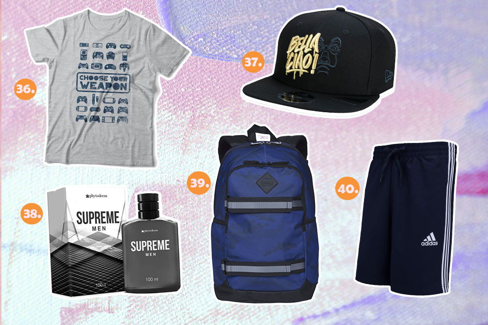 Montagem com cinco sugestões de presentes para o Dia dos Namorados. Tem camiseta de videogame, boné de La Casa de Papel, perfume, mochila azul e short da Adidas masculino.