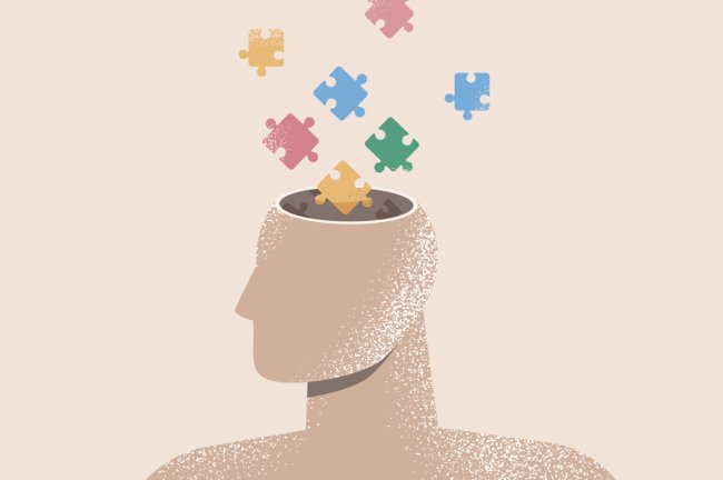 Síndrome de Asperger: o que é, sintomas, causas e tratamento Ilustração no fundo rosa de um tronco humano, com o topo da cabeça cortado, saindo dele peças de quebra-cabeças. As peças são coloridas, em amarelo, azul, verde e rosa.