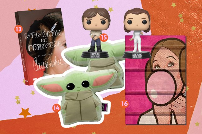 Produtos da saga Star Wars. Na imagem, vemos livro da Carrie Fisher, uma almofada do Baby Yoda, um funko do Han Solo, outro da Princesa Leia, e um quadro da Leia de Organa fazendo uma bola de chiclete