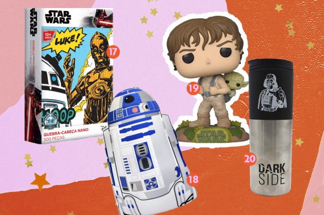 Produtos da saga Star Wars. Na imagem, vemos um quebra-cabeça de Star Wars, uma almofada no formado do r2d2, um fundo do Luke Skywalker evando o Yoda nas costas, e um copo térmico do Darth Vader