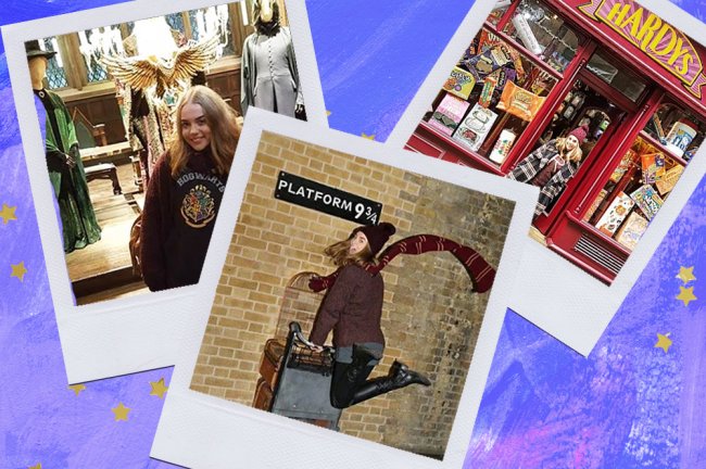 Montagem sobre fundo azul com fotos do tour de Harry Potter, em Londres