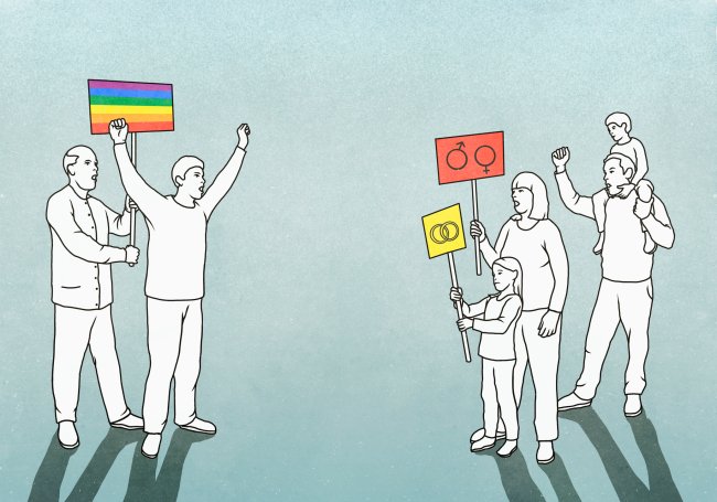 Identidade, expressão de gênero e orientação sexual: o que significam? Ilustração de pessoas da família tradicional brasileira contra a manifestação em prol do orgulho LGBTQIA+